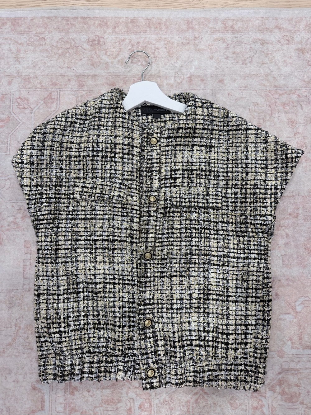 Zara Black and Cream Tweed Short Sleeve Top XS/S